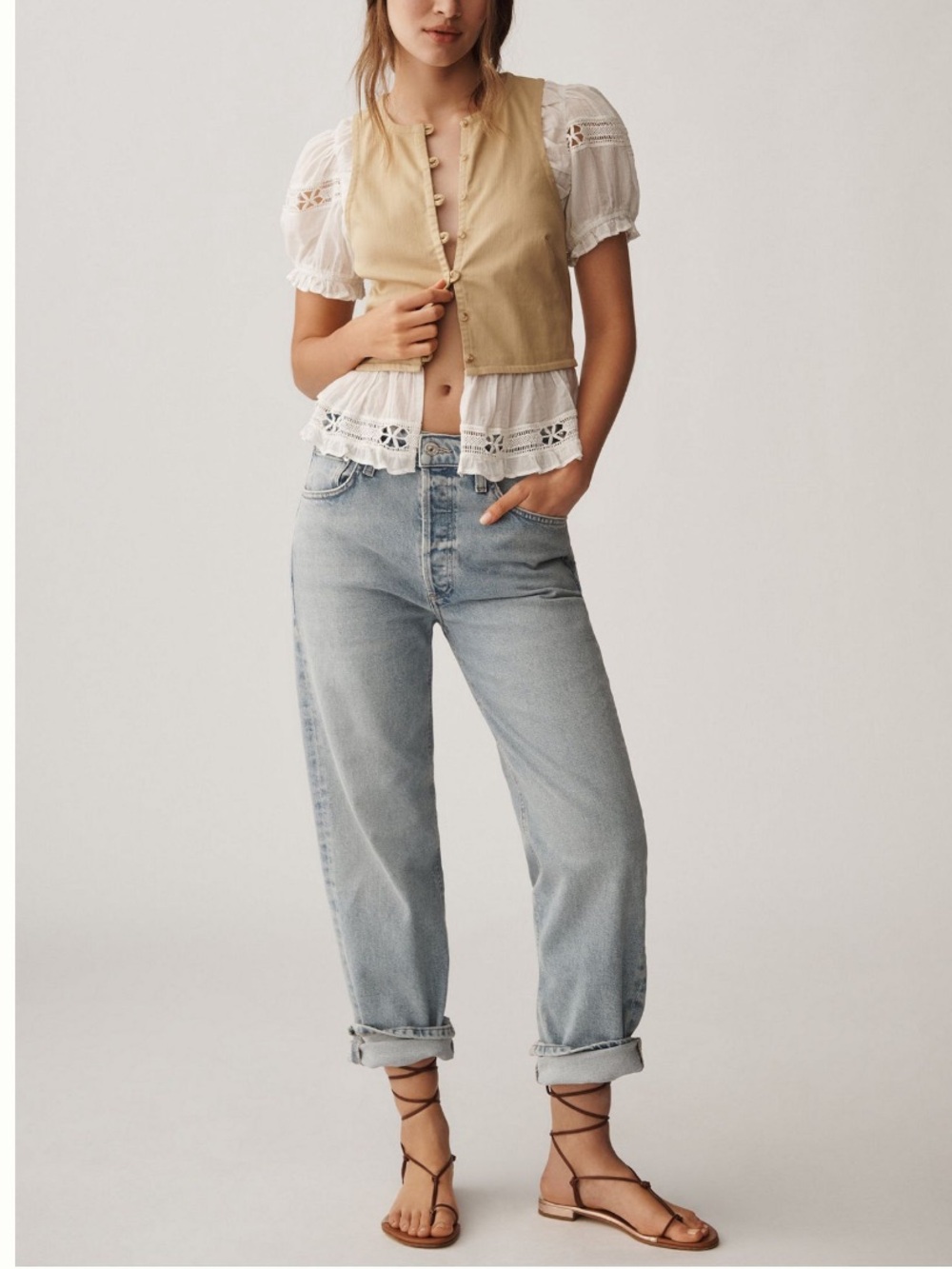 Anthropologie Beige Button-Front, Eyelets Puff Sleeve Top - Picture 4 of 8
